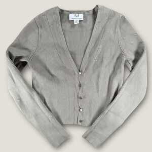 Magaschoni Ribbed Cropped Cardigan Sweater Small Sage Green V-Neck Button Up